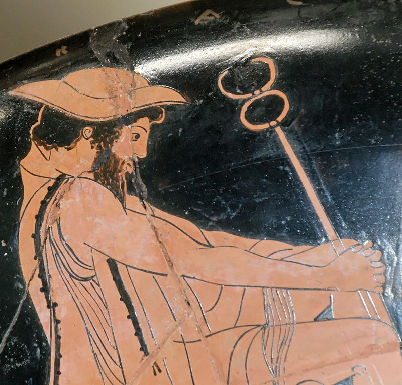 an illustration of Hermes wearing a petasos with caduceus
