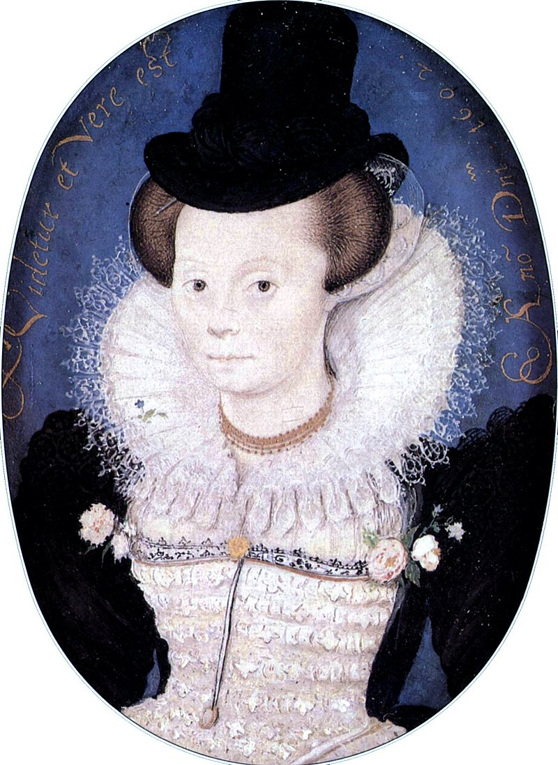 a portrait of a woman from the 1600s wearing a gown and a capotain hat