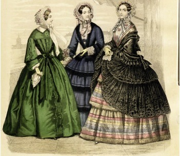 a drawing of women wearing 1850s dresses and hats