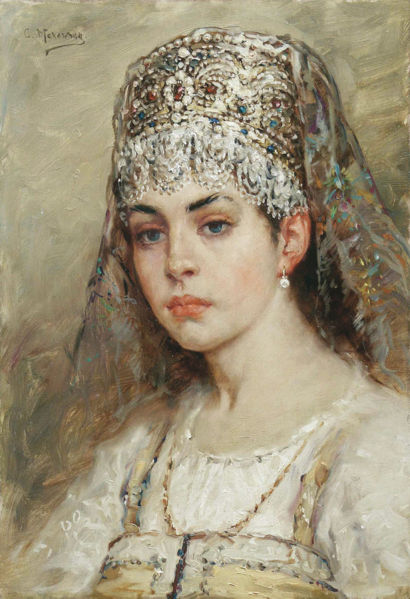  a painting of a woman wearing a traditional Russian headdress