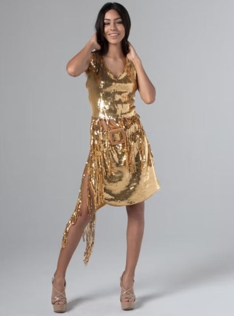 women in gold dress